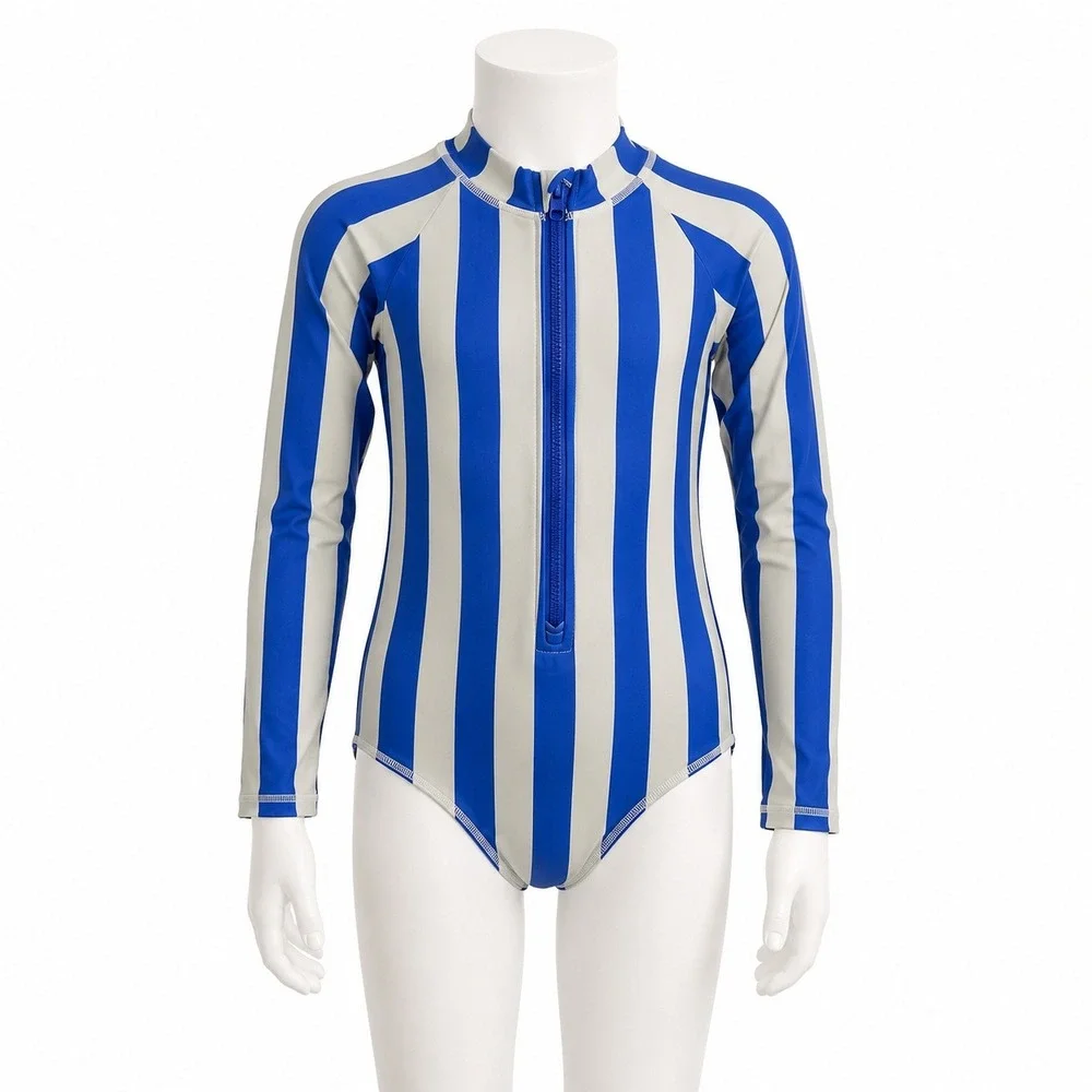 Crewcuts Girls Rash Guard Swimsuit Striped Long Sleeve UPF 50+ Blue Size 10 NWOT